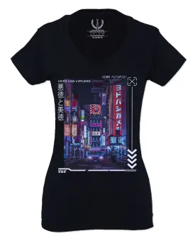 Aesthetic Japanese City Vaporwave Art Cyberpunk Retro Street wear For Women V neck fitted T Shirt
