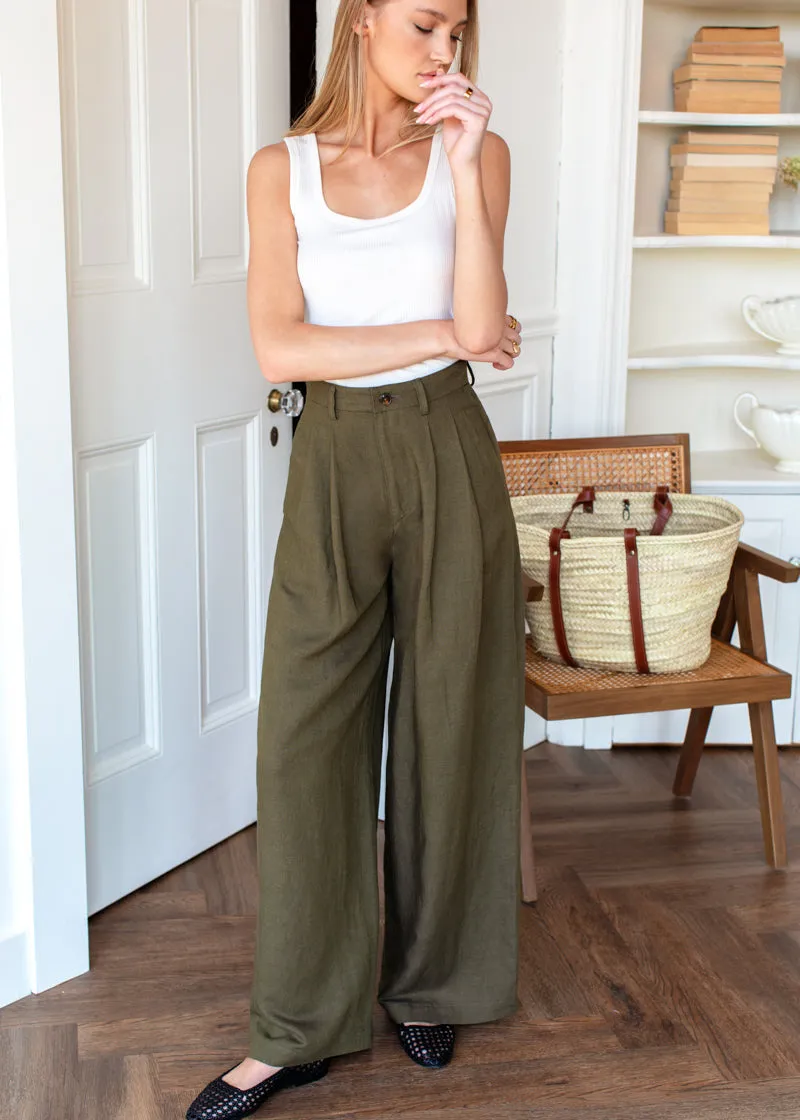 Atelier Pleated Pant in Martini Olive - Emerson Fry