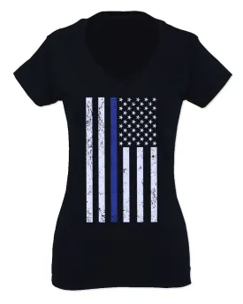 Big Flag USA American Police Support Blue Lives Matter Thin Line For Women V neck fitted T Shirt