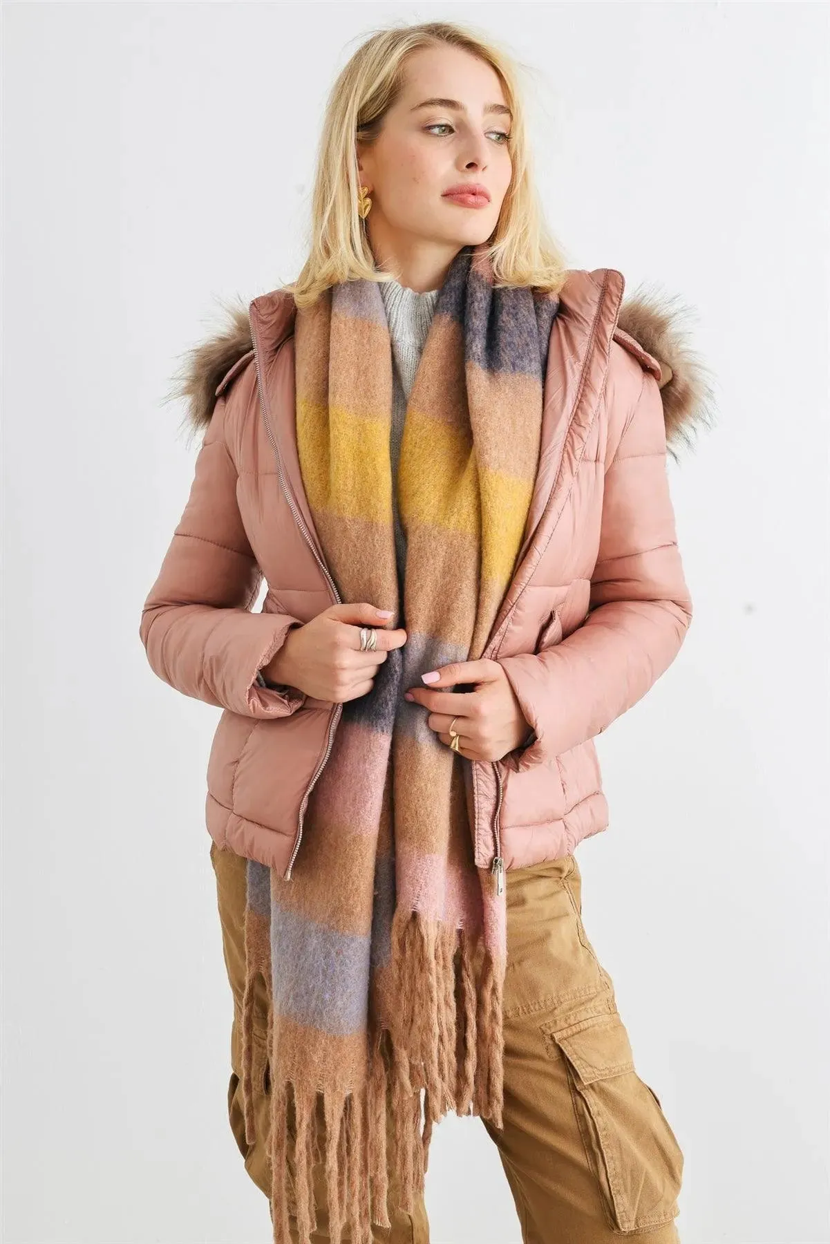 Mauve Long Sleeve Faux Fur Hood Padded Water Resistant Finish Jacket /2-2-2