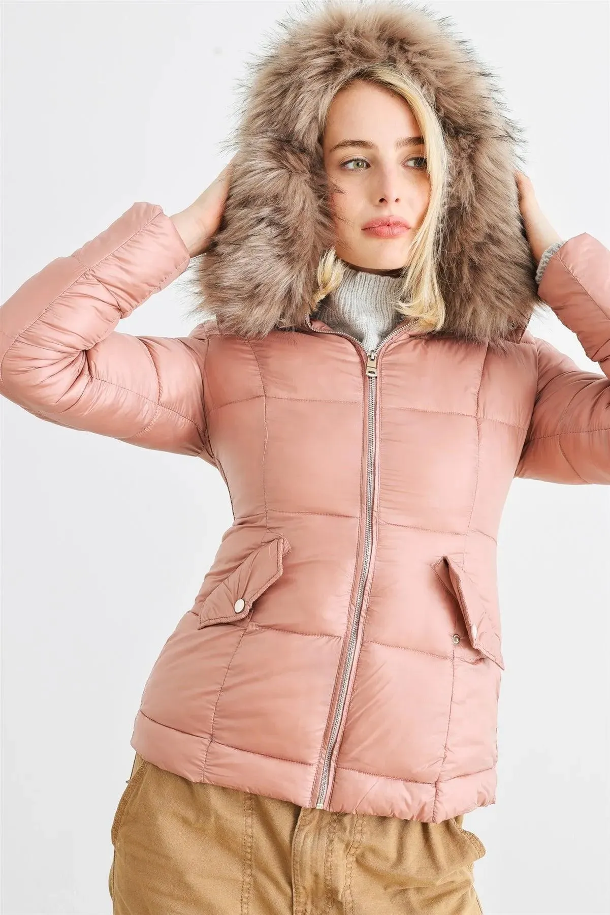Mauve Long Sleeve Faux Fur Hood Padded Water Resistant Finish Jacket /2-2-2