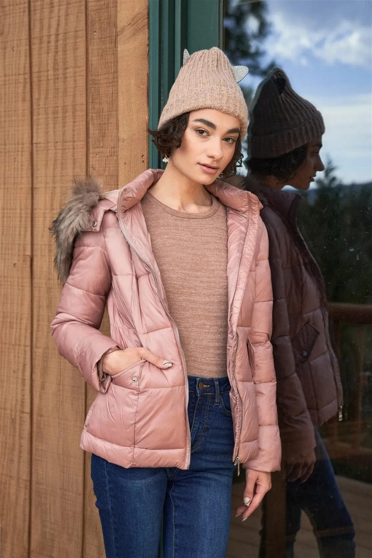 Mauve Long Sleeve Faux Fur Hood Padded Water Resistant Finish Jacket /2-2-2