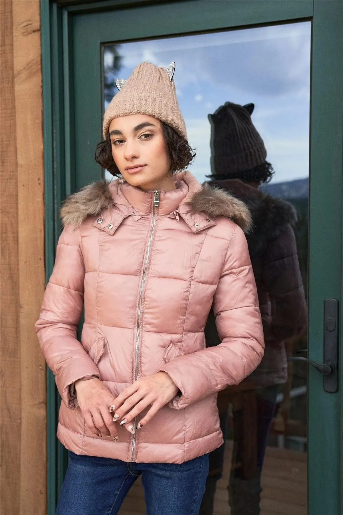 Mauve Long Sleeve Faux Fur Hood Padded Water Resistant Finish Jacket /2-2-2