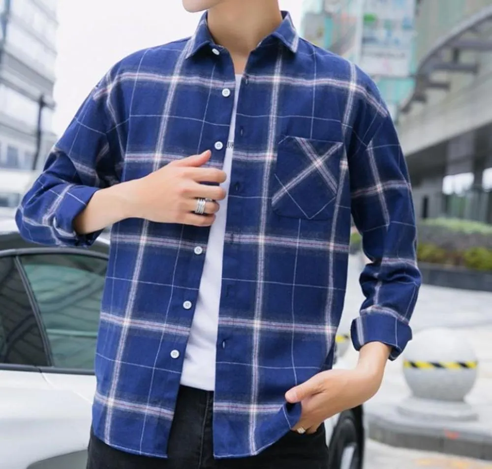 Mens Casual Long Sleeve Button Front Plaid Shirt in Black
