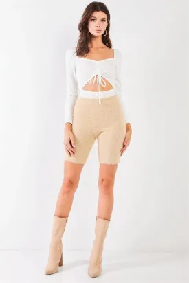Oatmeal Beige Knit High Waist Stretchy Warm Fuzzy Biker Shorts /2-2-1