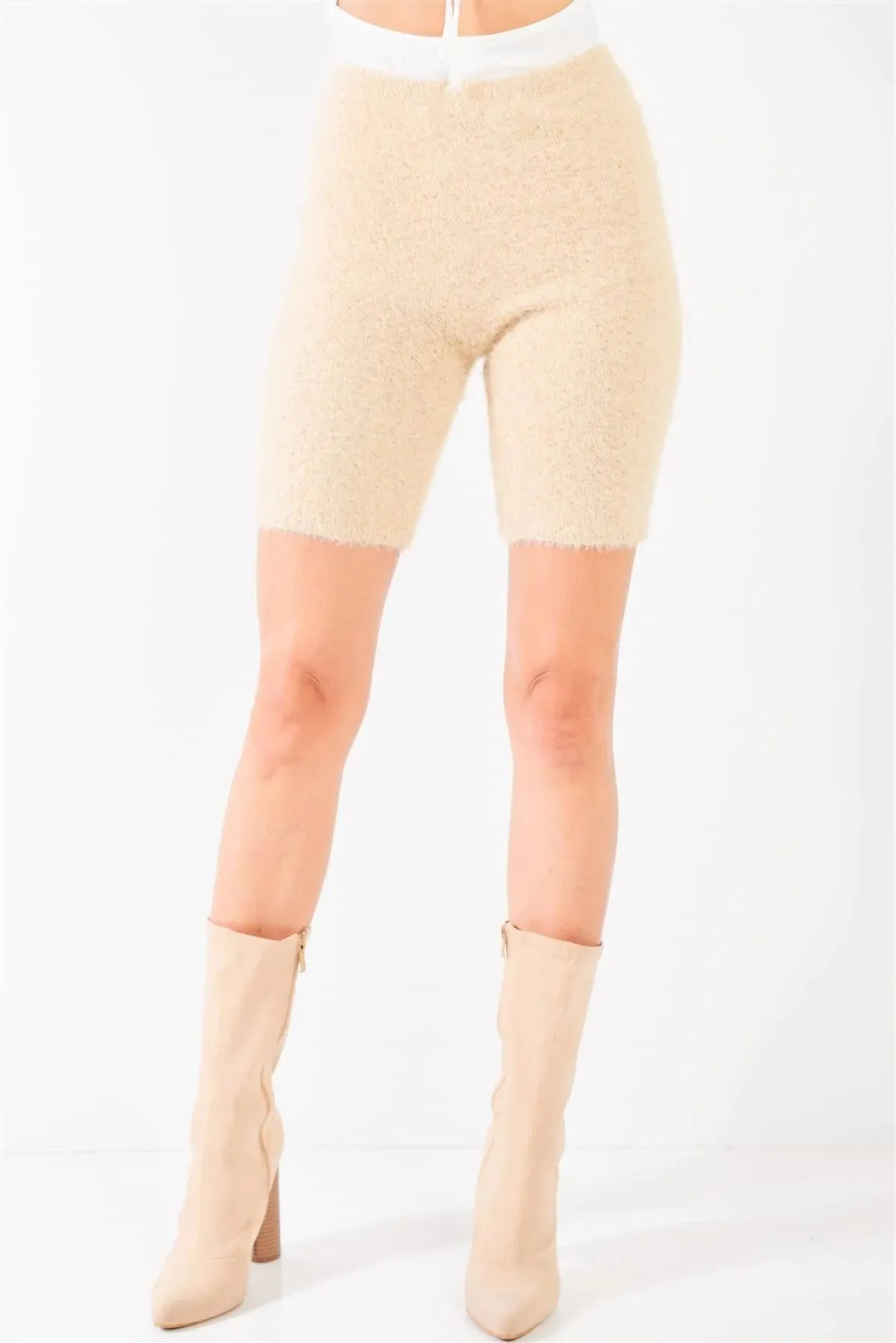 Oatmeal Beige Knit High Waist Stretchy Warm Fuzzy Biker Shorts /2-2-1