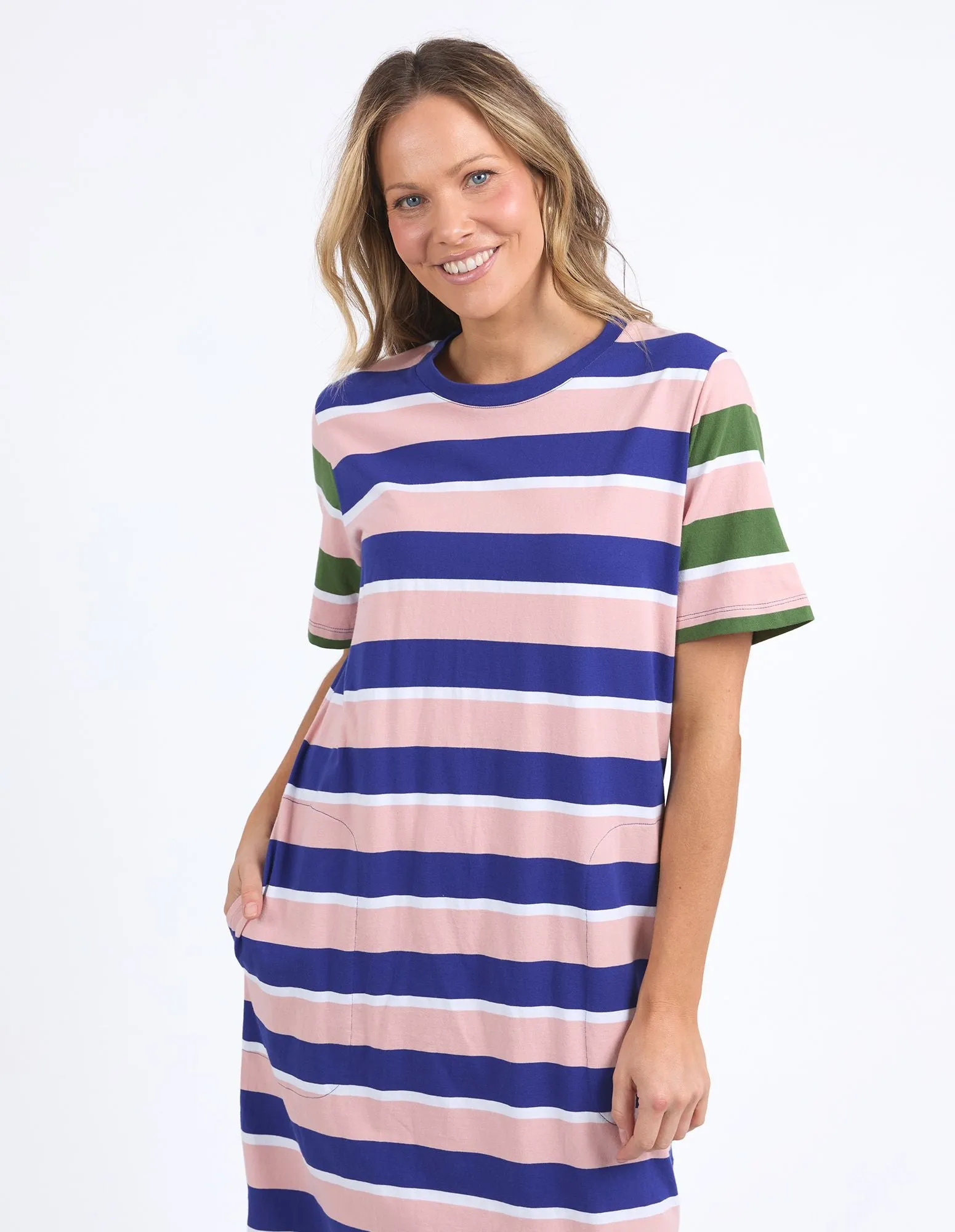 Ribbon Tee Dress - Pink / Blue Stripe