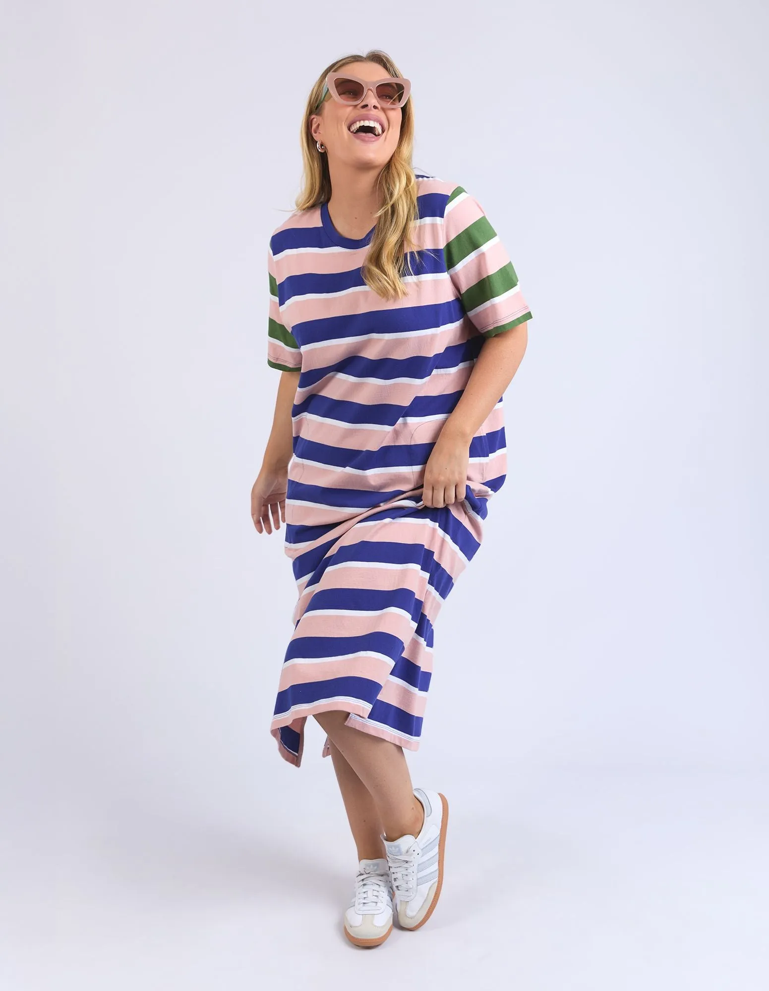 Ribbon Tee Dress - Pink / Blue Stripe